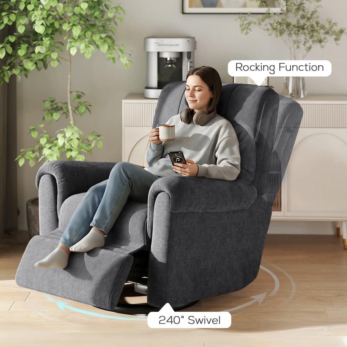 Fauteuil inclinable électrique, revêtement en tissu, ports USB, fonction pivotante et à bascule, repose-pieds, gris foncé