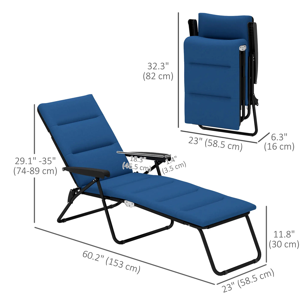 Chaise longue pliable, inclinable, pour terrasse, avec dossier réglable 6 positions, bleue