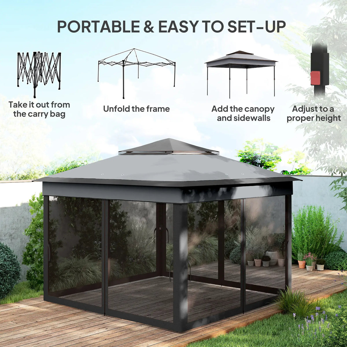 Gazebo pliant 3,26 x 3,26 m, abri solaire instantané réglable avec toit anti-UV30+, rideaux en maille amovibles, gris foncé
