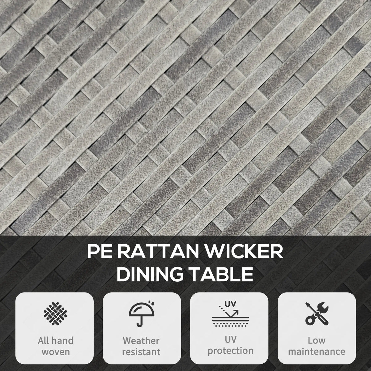 Table de salle à manger d'extérieur 70 cm (27,5 po) en résine tressée, mobilier de patio en rotin PE avec plateau en composite bois-plastique, grise