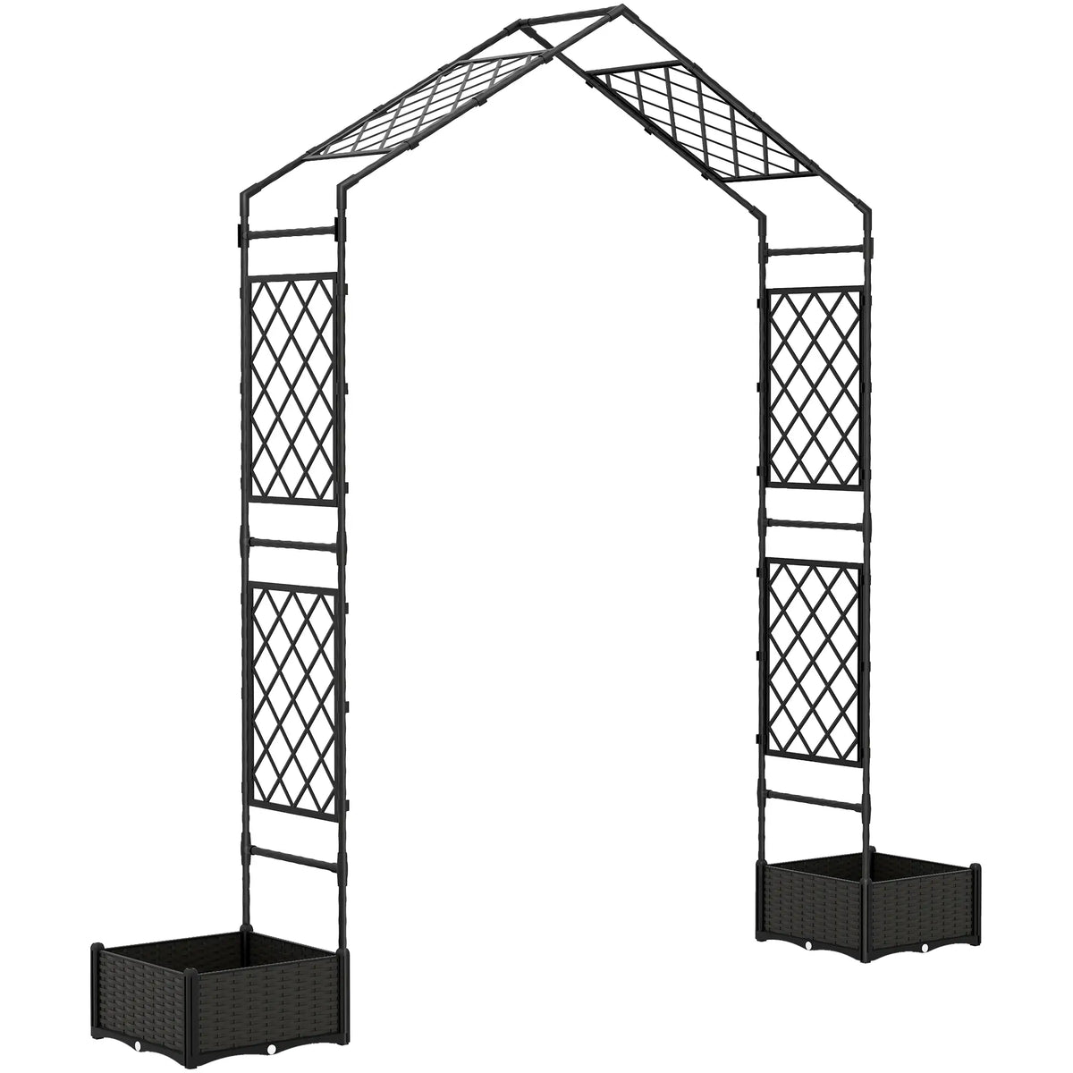 Arche de jardin avec treillis et 2 jardinières, 230 x 40 x 224 cm, noire