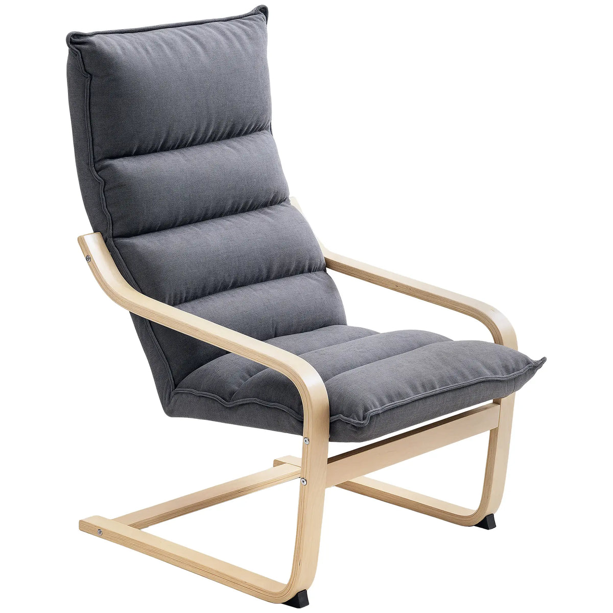 Fauteuil moderne en bois de bouleau et tissu, avec pieds et accoudoirs incurvés, gris.
