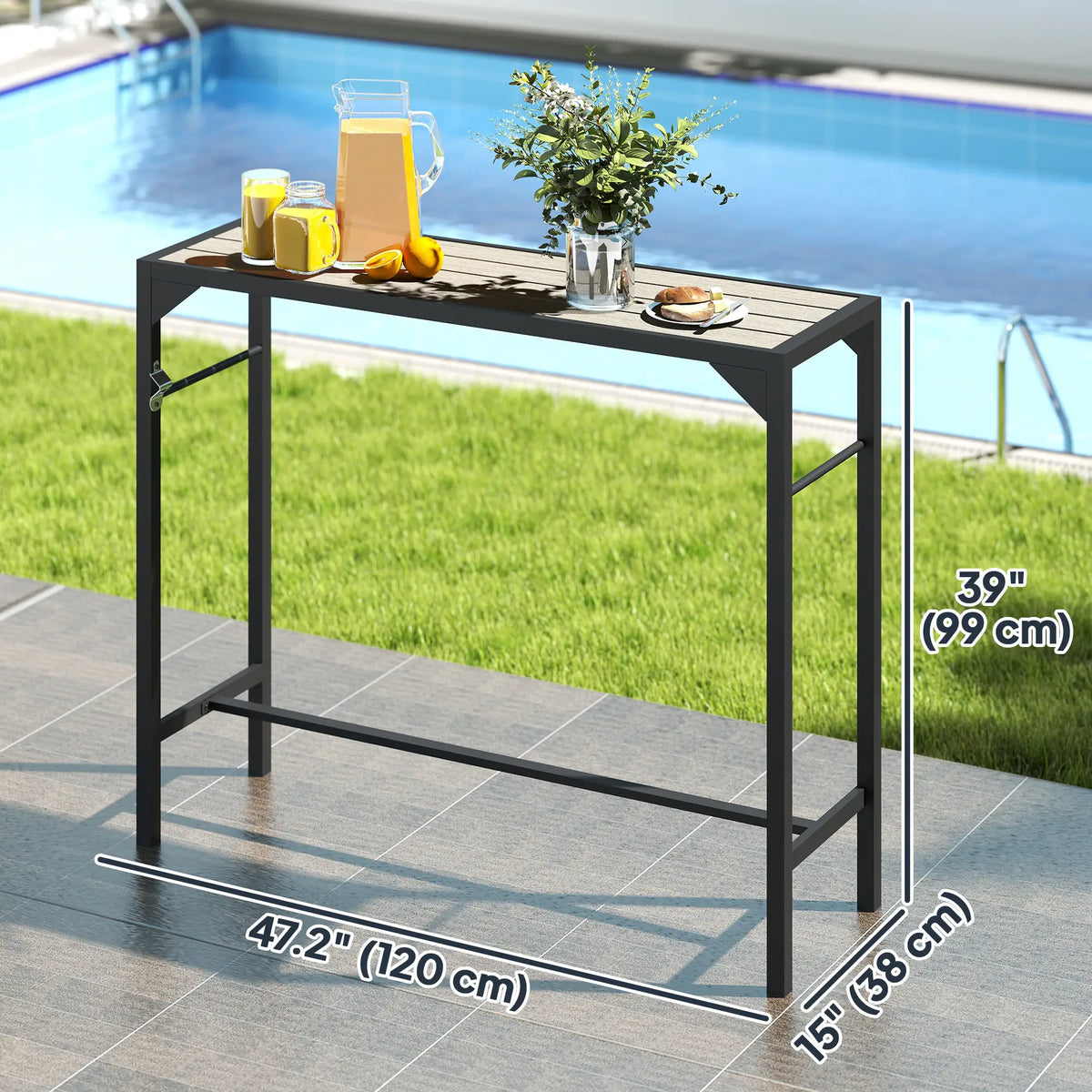 Table de bar d'extérieur avec ouvre-bouteille intégré, plateau en plastique imitation bois, 120 cm x 38 cm x 99 cm
