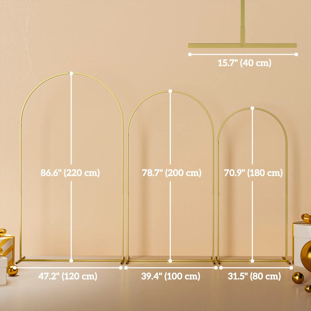Arche de mariage, ensemble de 3 supports en métal pour ballons (2,13 m / 1,98 m / 1,83 m) pour anniversaire, enterrement de vie de jeune fille, remise de diplômes, cérémonie, banquet, couleur or