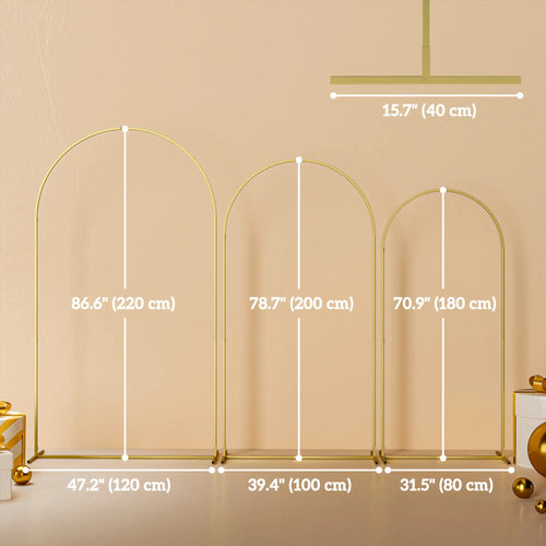 Arche de mariage, ensemble de 3 supports en métal pour ballons (2,13 m / 1,98 m / 1,83 m) pour anniversaire, enterrement de vie de jeune fille, remise de diplômes, cérémonie, banquet, couleur or
