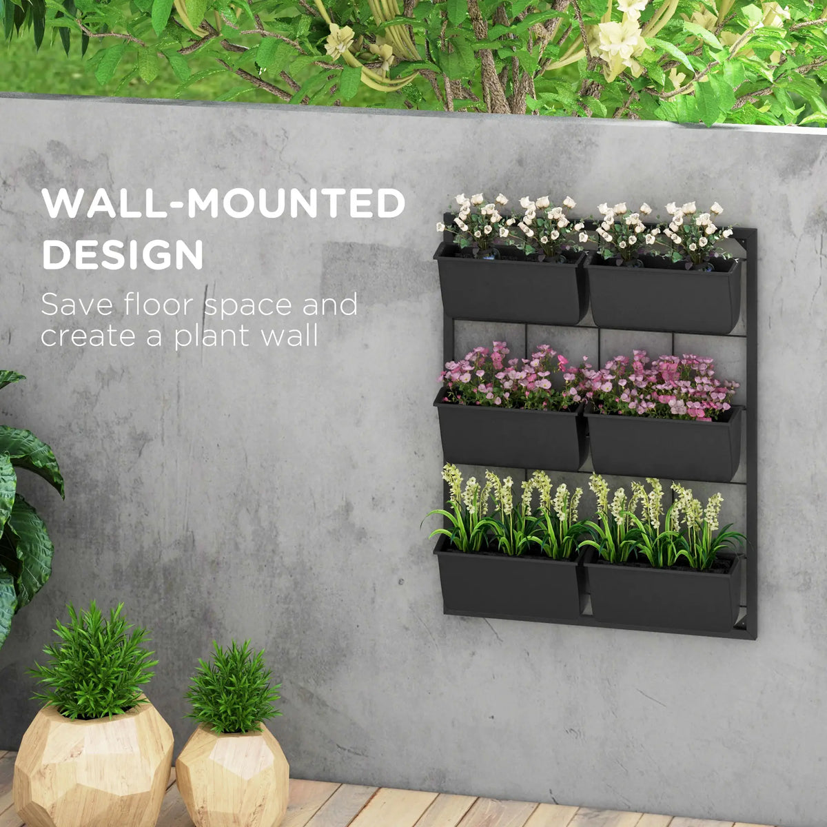 Jardinière murale à 3 niveaux avec 6 pots pour une utilisation intérieure et extérieure, support pour plantes suspendues, jardinière murale à drainage automatique