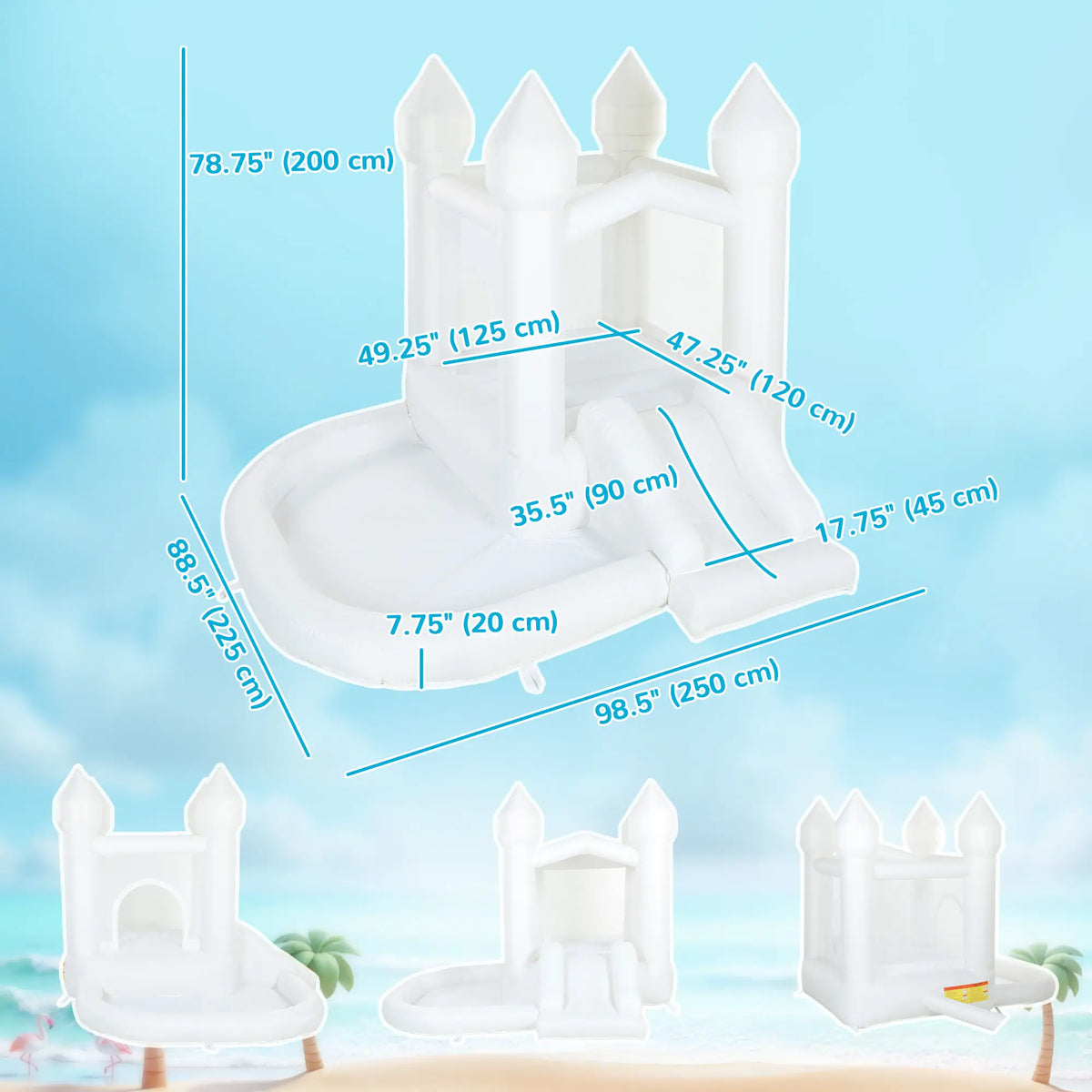 Château gonflable pour enfants, structure gonflable 3 en 1 blanche avec toboggan, piscine à balles et souffleur 370 W, blanc