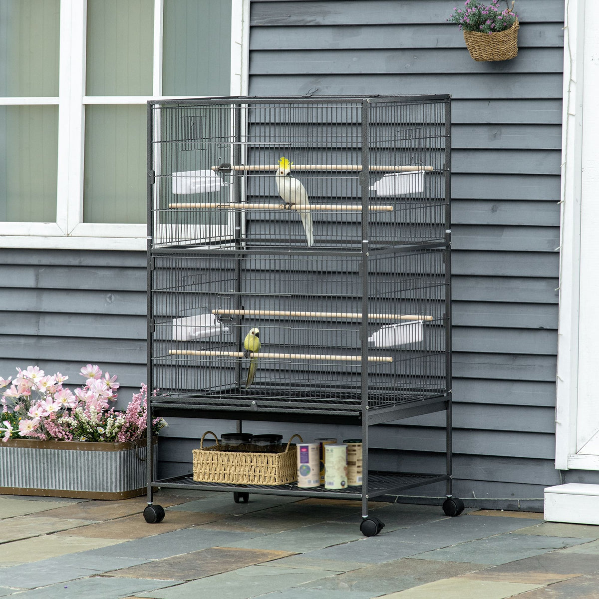 Cage à oiseaux roulante 52'' en acier avec support à roulettes, étagère de rangement, perchoir en bois et mangeoire, gris foncé