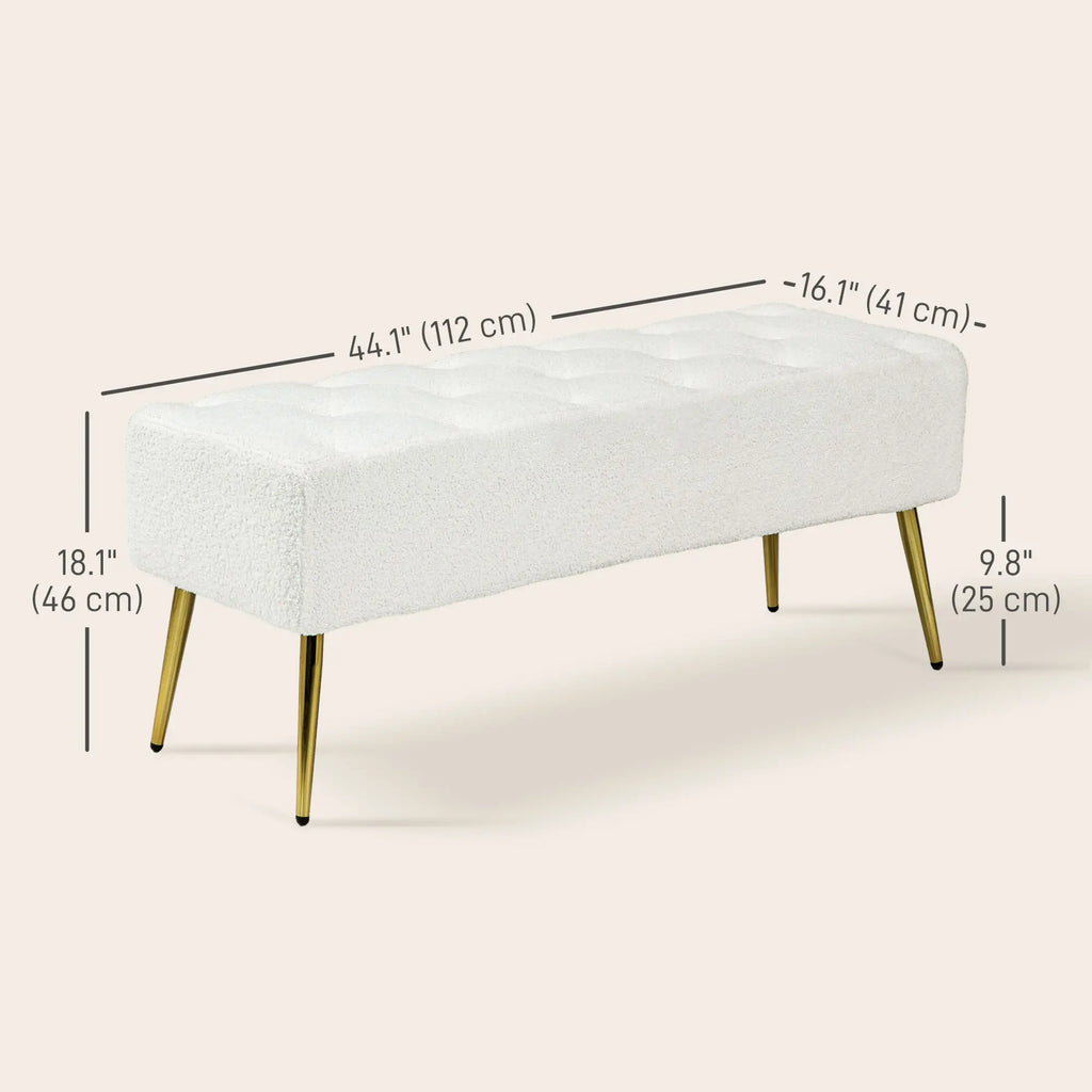 Banc de chambre 44" (112 cm) en tissu aspect laine d'agneau, avec coussin épais et pieds en acier, blanc crème