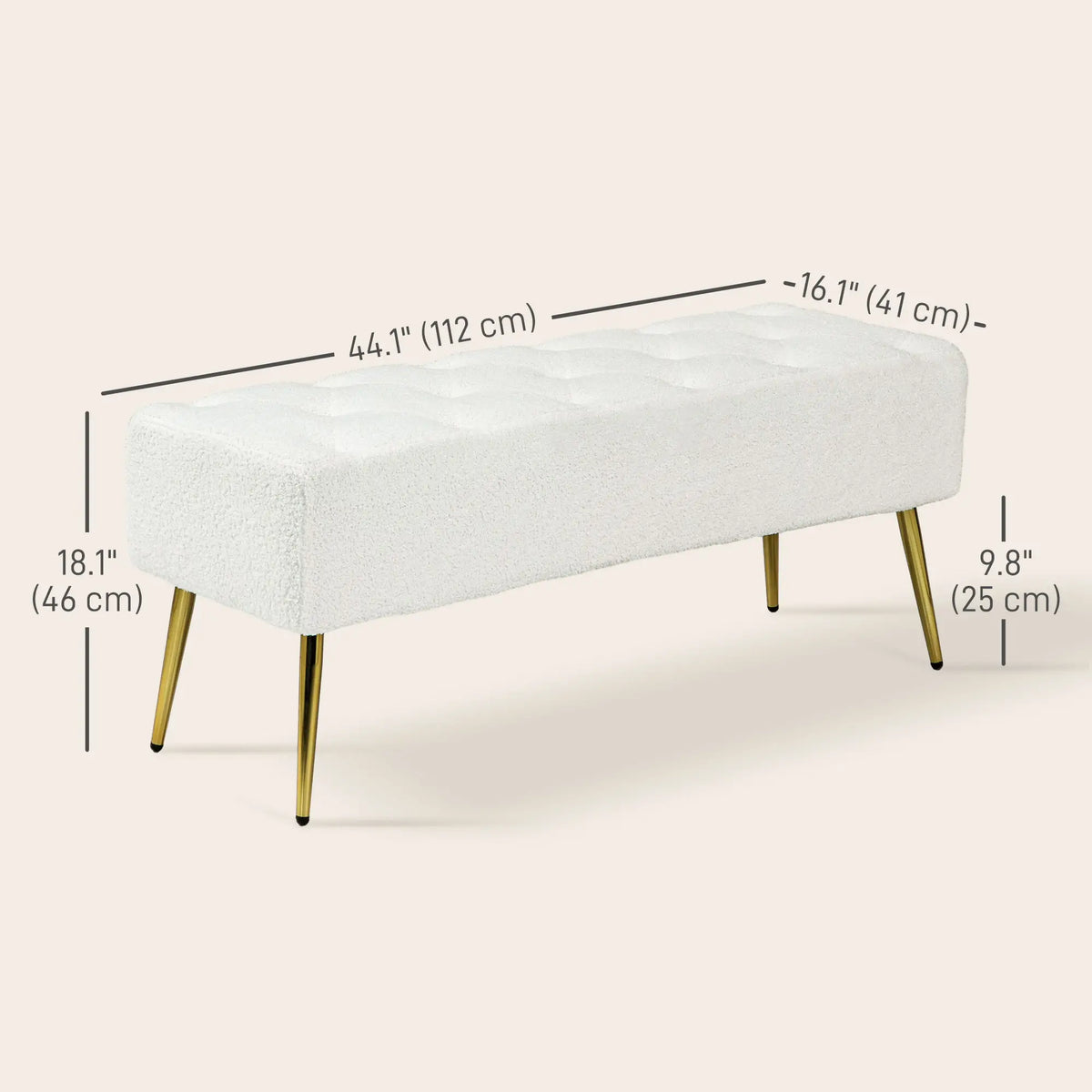 Banc de chambre 44" (112 cm) en tissu aspect laine d'agneau, avec coussin épais et pieds en acier, blanc crème