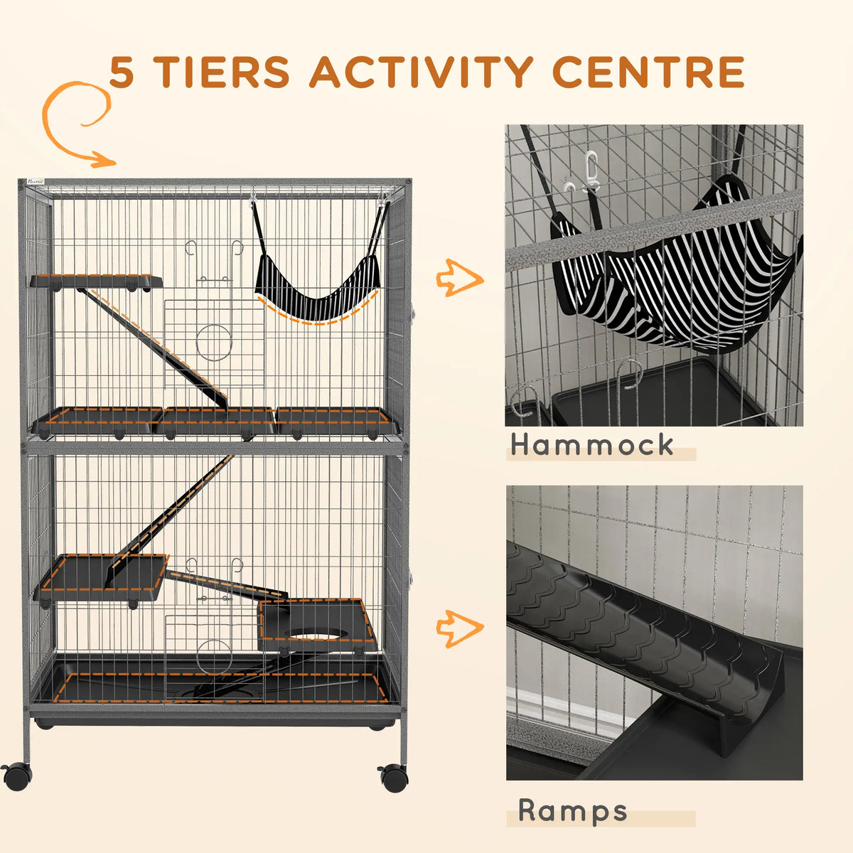 Cage à roulettes à 5 niveaux pour petits animaux, cage de luxe pour cochons d'Inde, furets, visons, chinchillas, chatons et lapins (gris)