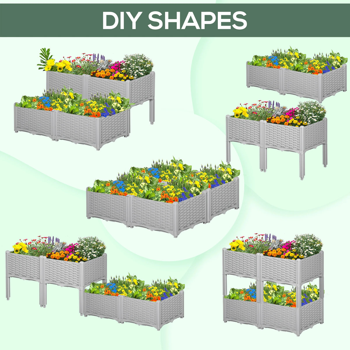 Potager surélevé 4 pièces en PP, support pour fleurs, légumes et herbes aromatiques, gris