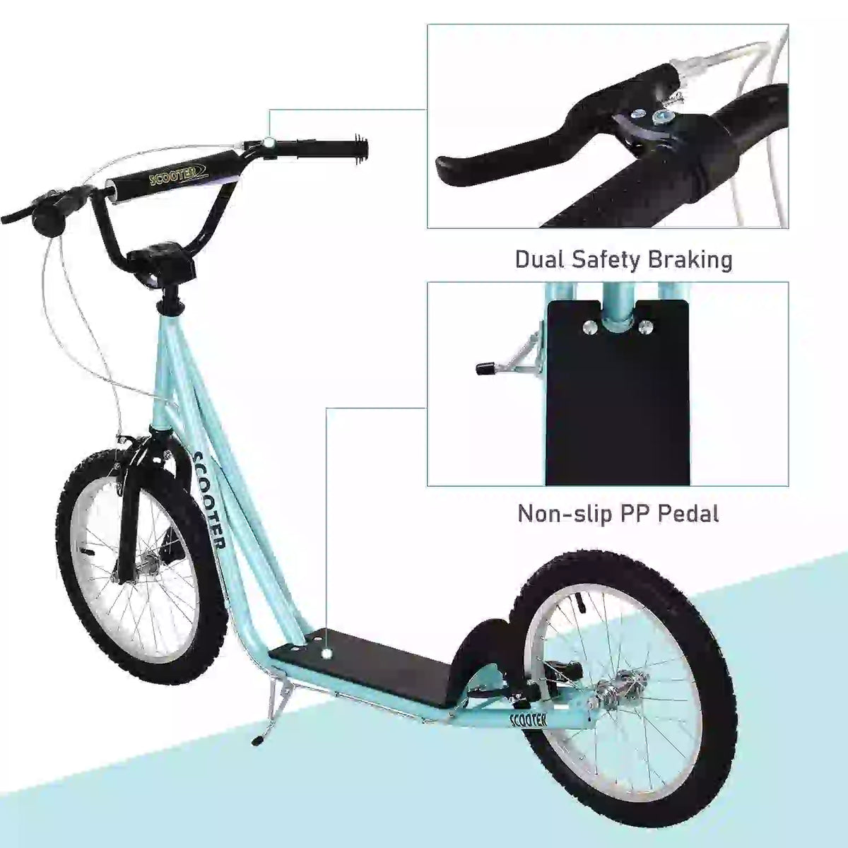 Trottinette pour enfants de 5 ans et plus, jouet à enfourcher avec roue gonflable de 40 cm et double frein, bleue