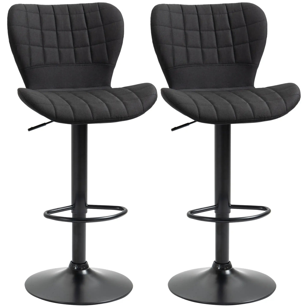 Ensemble de 2 tabourets de bar, chaises de bar pivotantes à hauteur réglable, tabourets de comptoir de cuisine revêtus de tissu aspect lin avec assise large, dossier et repose-pieds, noir