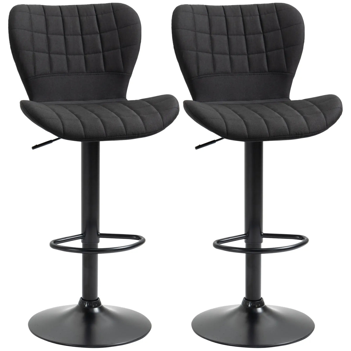 Ensemble de 2 tabourets de bar, chaises de bar pivotantes à hauteur réglable, tabourets de comptoir de cuisine revêtus de tissu aspect lin avec assise large, dossier et repose-pieds, noir