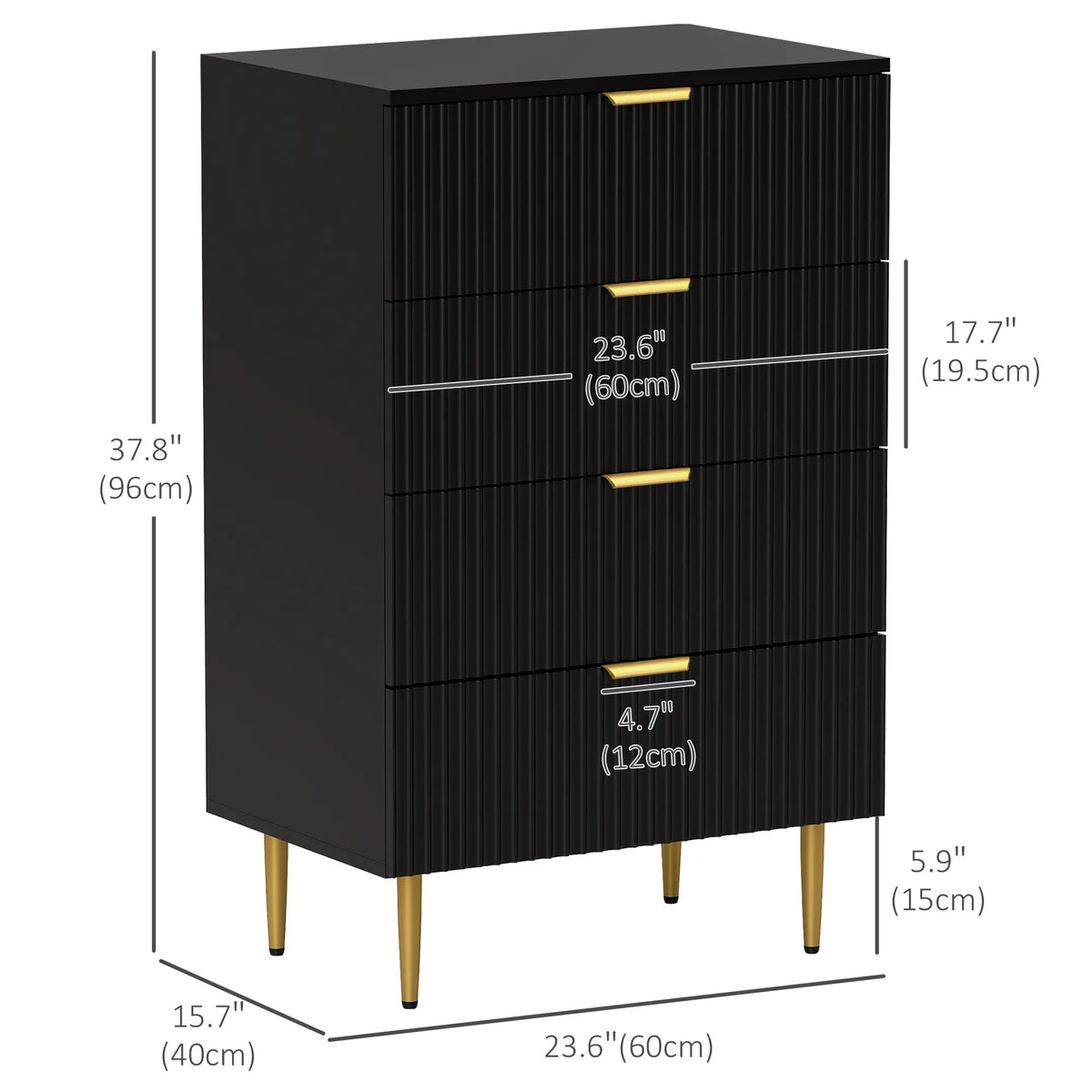 Commode moderne à 4 tiroirs pour chambre à coucher, pieds et poignées dorés, noire