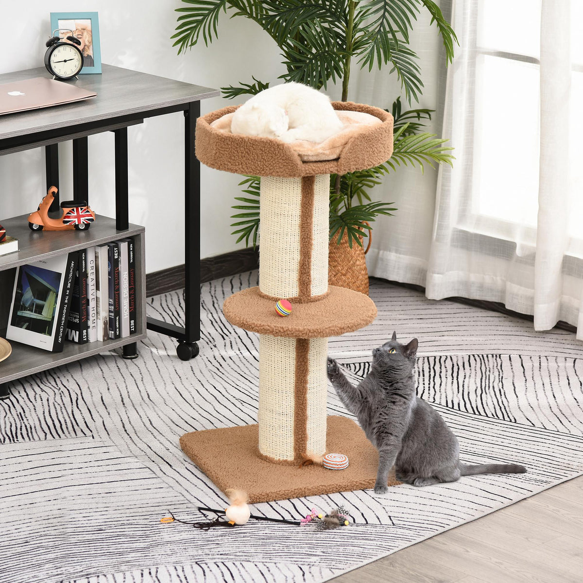 Arbre à chat avec griffoir en sisal, panier, coussin et perchoir, 45,7 x 45,7 x 91,4 cm, marron