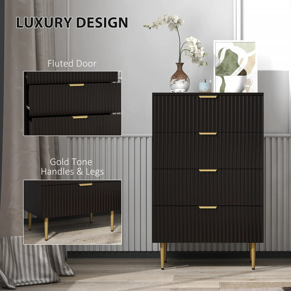 Commode moderne à 4 tiroirs pour chambre à coucher, pieds et poignées dorés, noire