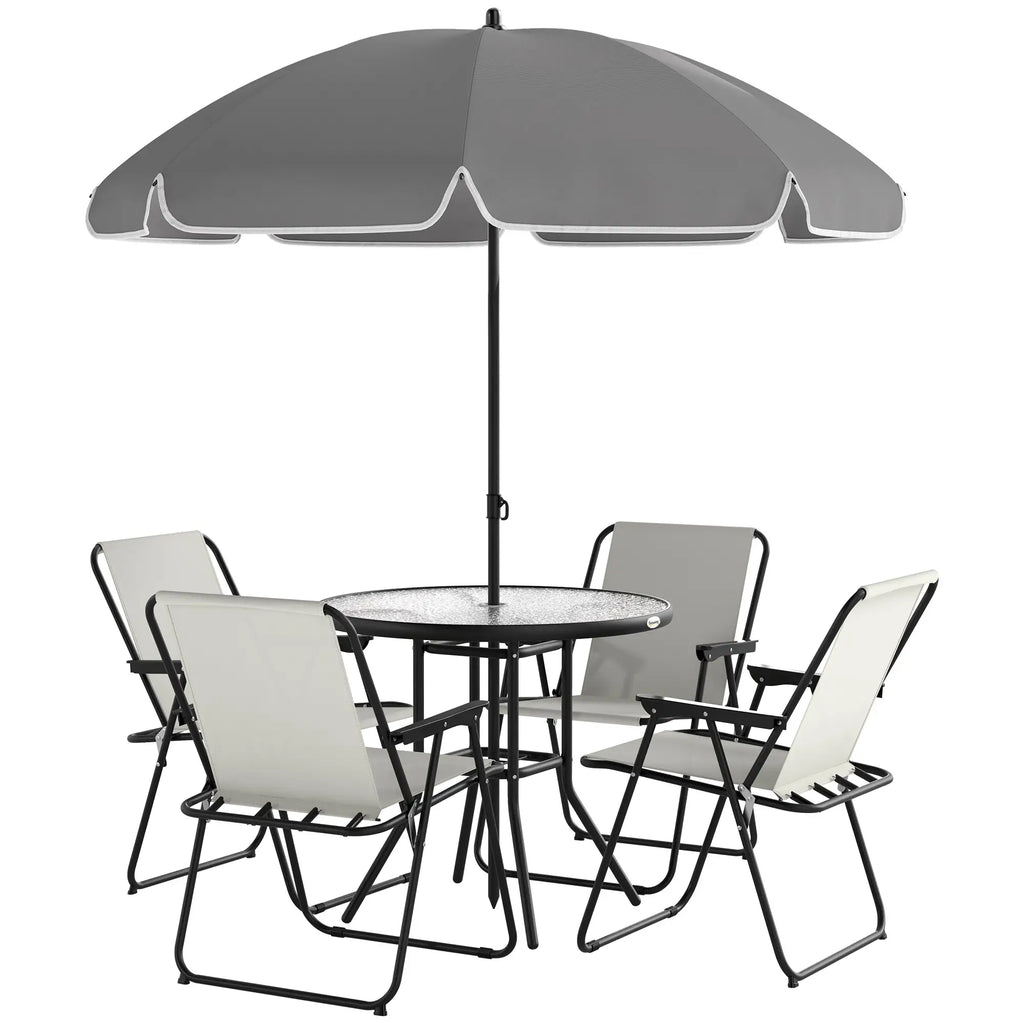 Ensemble de salle à manger de patio 6 pièces avec parasol, chaises pliantes et table en verre pour jardin ou terrasse, blanc crème