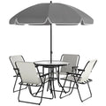 Ensemble de salle à manger de patio 6 pièces avec parasol, chaises pliantes et table en verre pour jardin ou terrasse, blanc crème