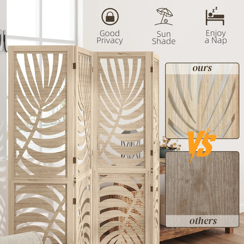 Paravent à 4 panneaux, écrans de confidentialité pliables et détachables avec motif de feuilles de palmier pour bureau à domicile, finition bois naturel