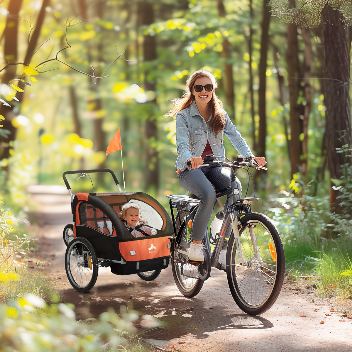 Remorque vélo 2 en 1 pour enfants, poussette pliable 2 places avec harnais 5 points, roues en caoutchouc, sac de rangement, orange