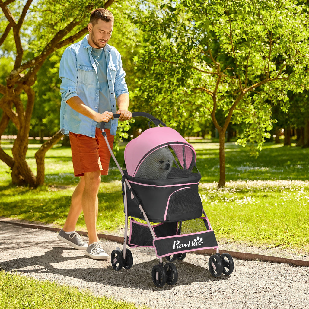 Poussette pour animaux de compagnie à 4 roues, 3 en 1, pliable et idéale pour les petits chiens. Elle est équipée d'un frein, d'une capote, d'un panier et d'un sac de rangement. Couleur : rose.