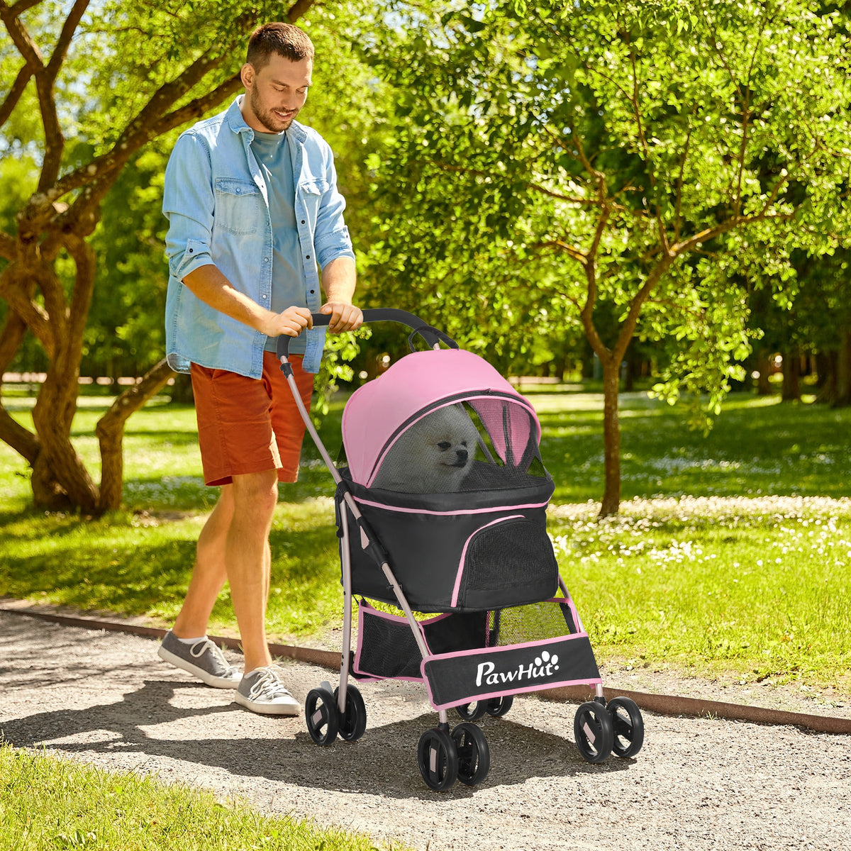 Poussette pour animaux de compagnie à 4 roues, 3 en 1, pliable et idéale pour les petits chiens. Elle est équipée d'un frein, d'une capote, d'un panier et d'un sac de rangement. Couleur : rose.