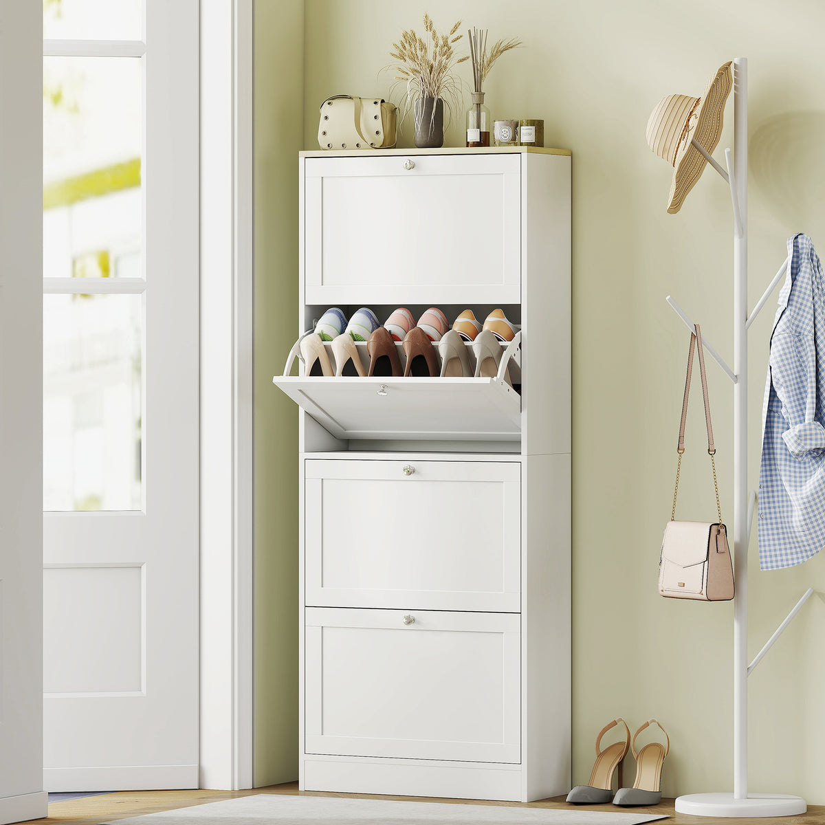 Meuble à chaussures moderne avec 4 tiroirs à charnières et étagères réglables, pour 18 à 24 paires de chaussures, blanc