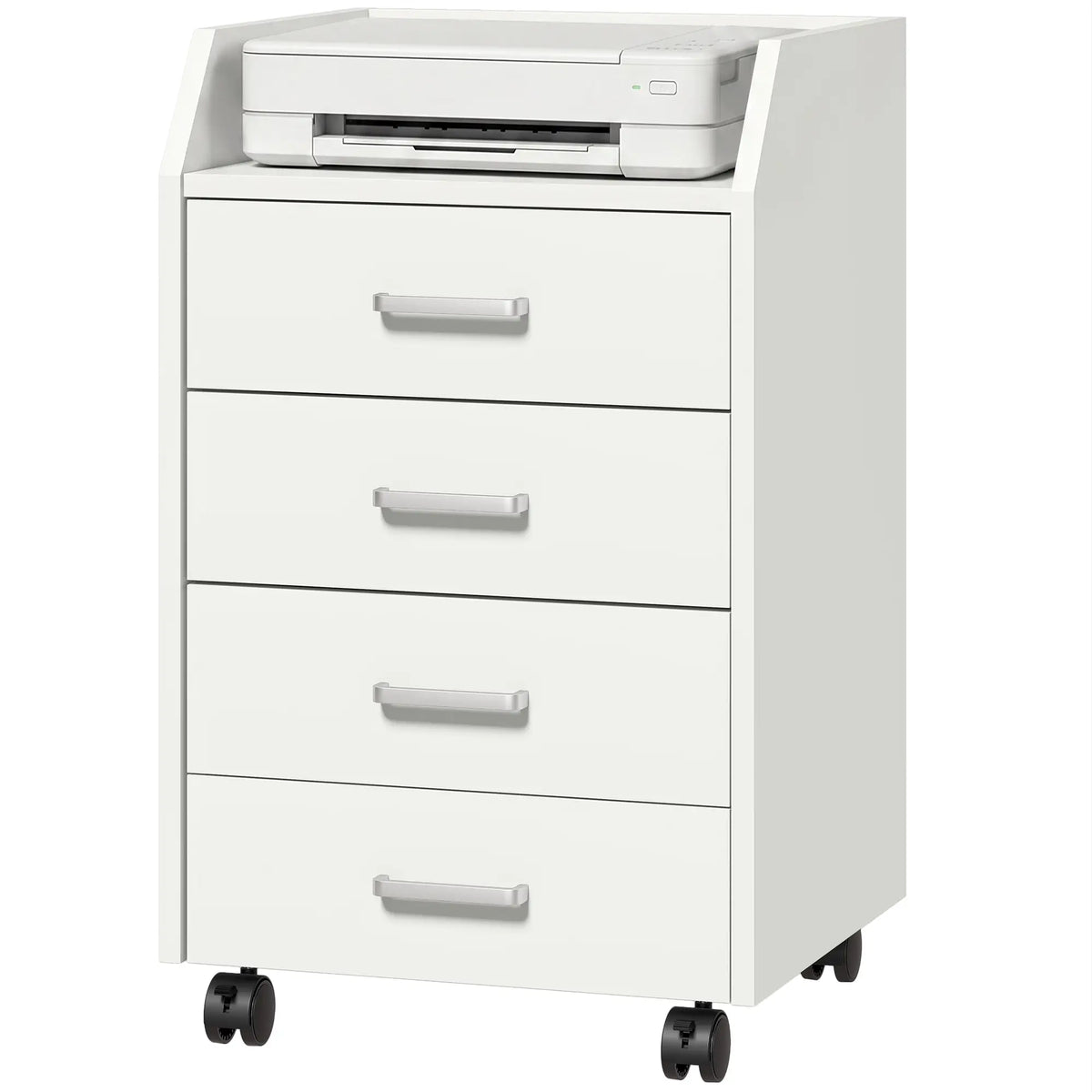 Classeur mobile vertical à 4 tiroirs, avec roulettes verrouillables, blanc, idéal pour le bureau à domicile.