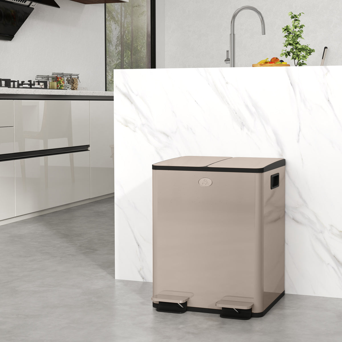 Poubelle, fermeture amortie avec pédale, 2 x 5 gal (2 x 20 L) avec seaux intérieurs amovibles, couleur or