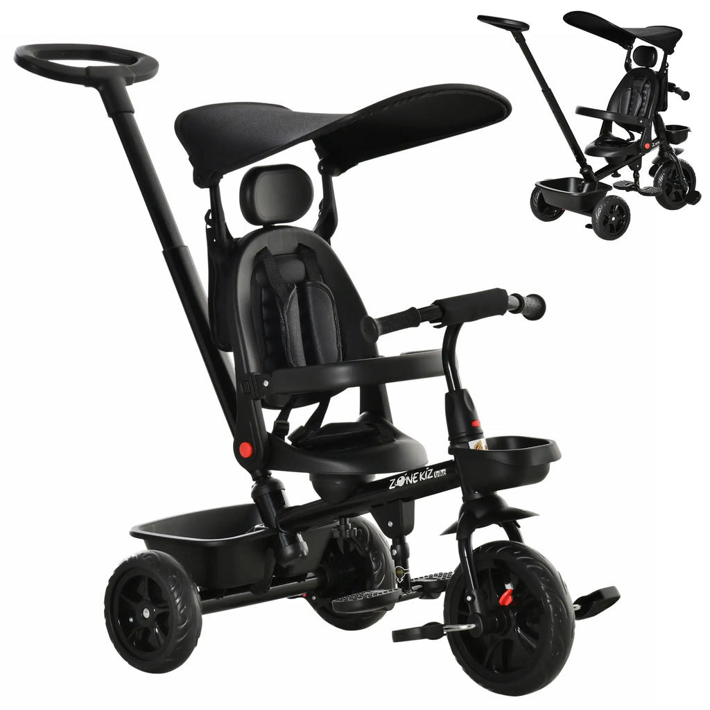 Tricycle 5 en 1 pour enfants de 1 à 5 ans : transforme la poussette en vélo, dossier réglable, capote plate, barre de sécurité et poignée amovibles. Couleur : noir.