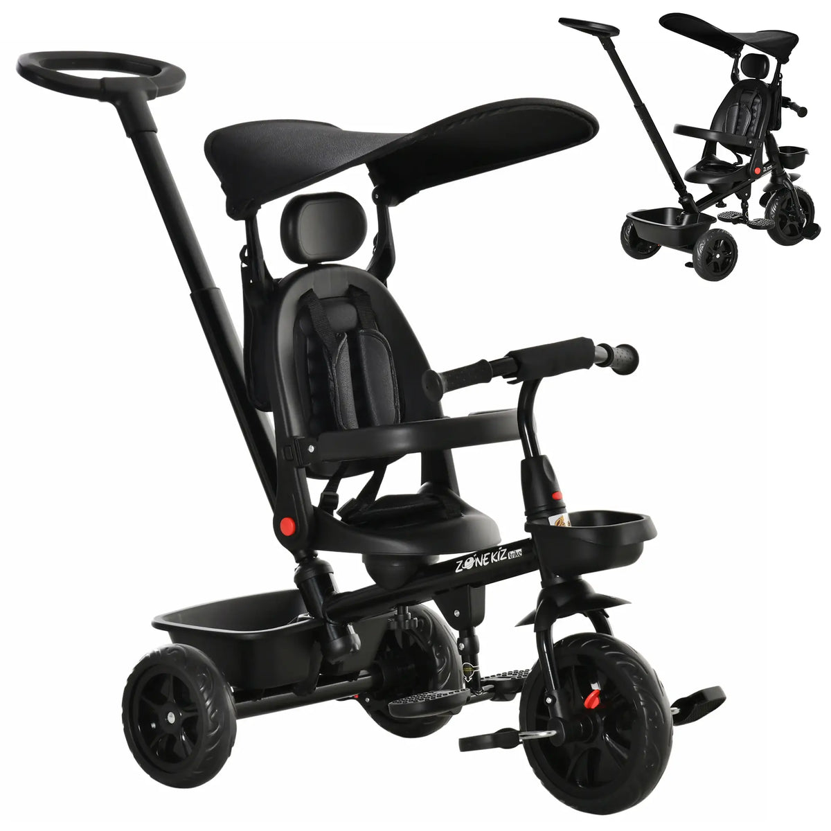 Tricycle 5 en 1 pour enfants de 1 à 5 ans : transforme la poussette en vélo, dossier réglable, capote plate, barre de sécurité et poignée amovibles. Couleur : noir.