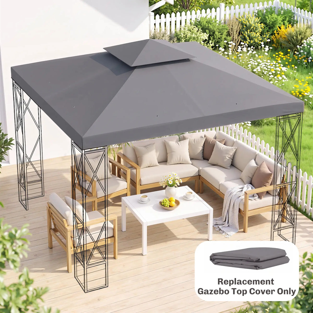 Toit de rechange pour tonnelle carrée à deux niveaux 3 m x 3 m (10 pi x 10 pi), protection solaire extérieure, gris foncé