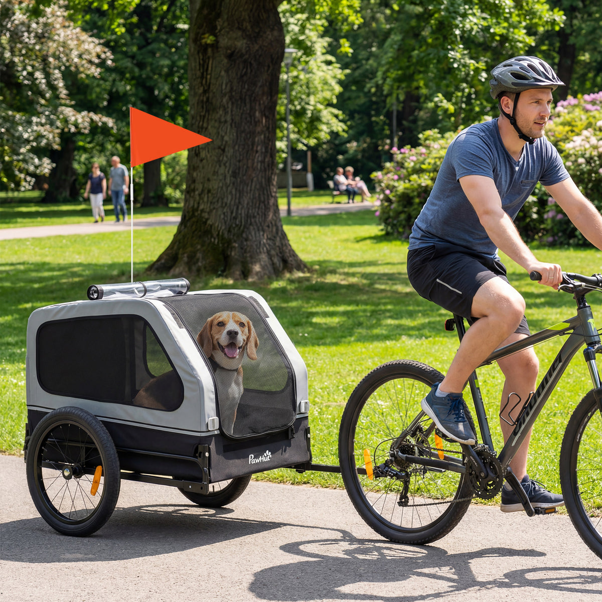 Remorque vélo pour chien, adaptée aux chiens de petite et moyenne taille jusqu'à 20 kg, avec attelage universel et hayon à rampe rabattable, couleur grise.