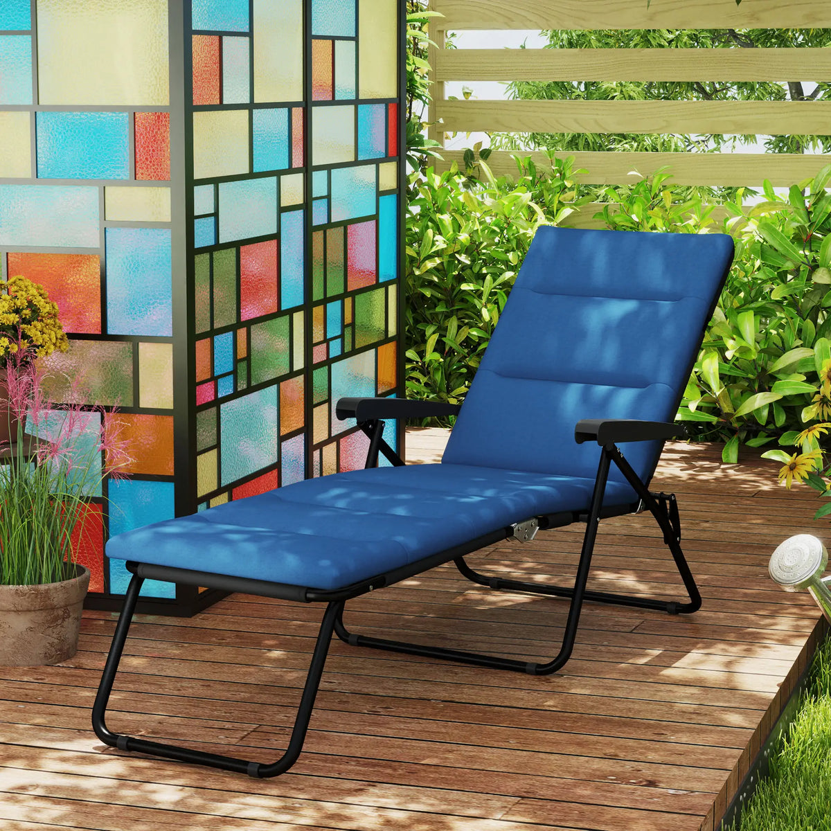 Chaise longue pliable, inclinable, pour terrasse, avec dossier réglable 6 positions, bleue
