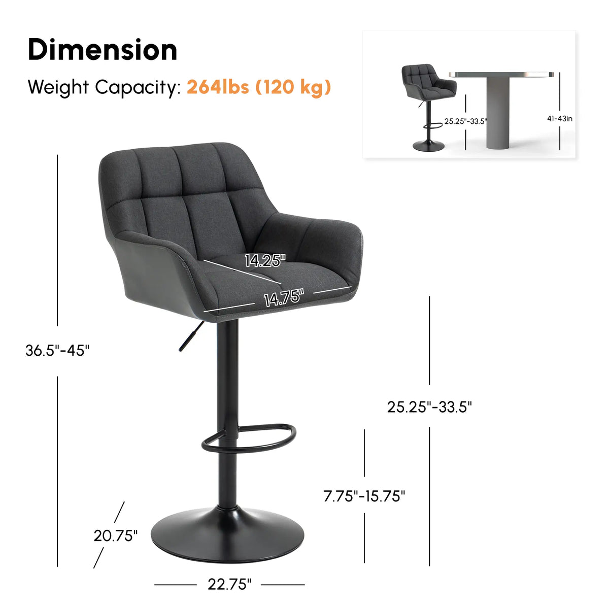 Ensemble de 2 tabourets de bar pivotants, réglables, avec repose-pieds, accoudoirs et dossier en similicuir, pour salle à manger, noir et gris