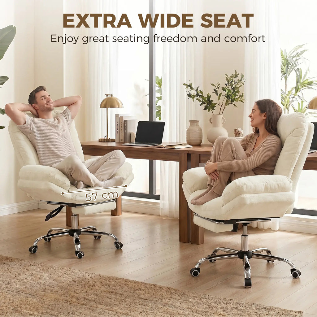 Fauteuil de bureau à roulettes, assise croisée, accoudoirs en cascade, large et rembourré, avec repose-pieds, beige