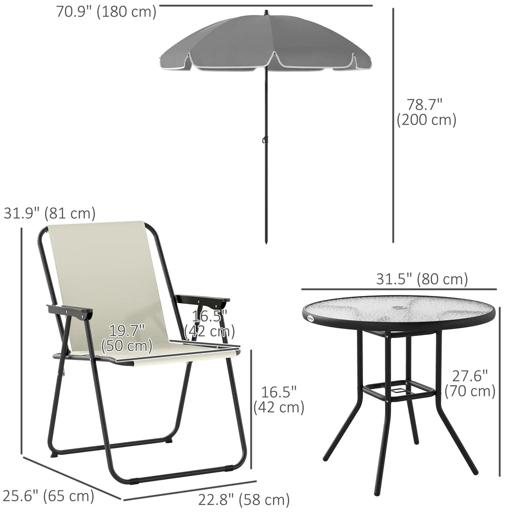 Ensemble de salle à manger de patio 6 pièces avec parasol, chaises pliantes et table en verre pour jardin ou terrasse, blanc crème