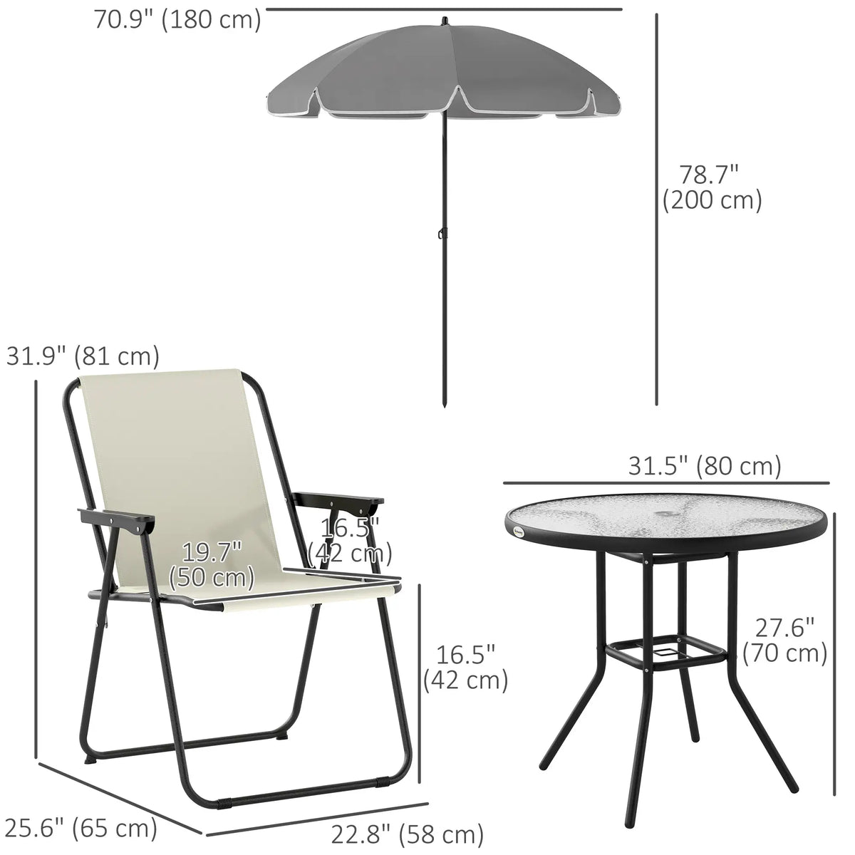 Ensemble de salle à manger de patio 6 pièces avec parasol, chaises pliantes et table en verre pour jardin ou terrasse, blanc crème