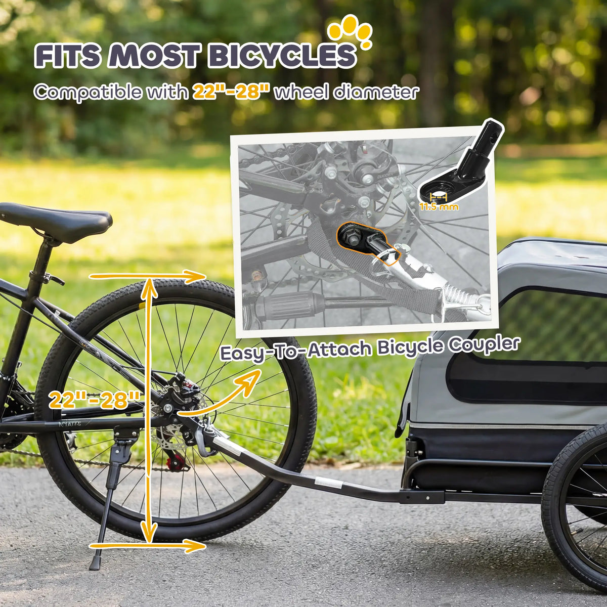 Remorque vélo pour chien, adaptée aux chiens de petite et moyenne taille jusqu'à 20 kg, avec attelage universel et hayon à rampe rabattable, couleur grise.