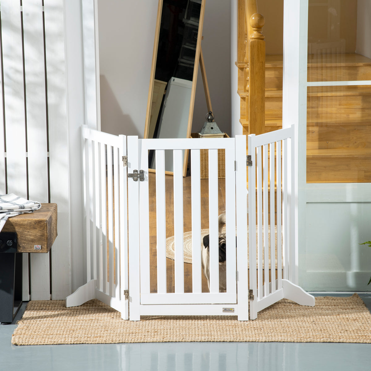 Barrière pour chien pliable 80 cm (31,5 po) de hauteur avec porte, 3 panneaux, autoportante, avec pieds de support, idéale pour les chiots et les chiens de petite et moyenne taille, blanche