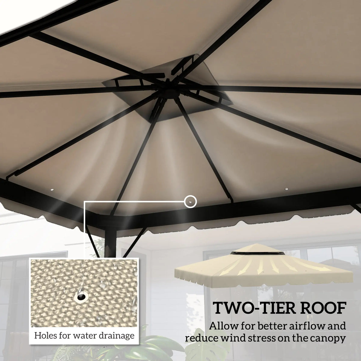 Toit de rechange pour gazebo 3 m x 3 m, avec double ventilation, pour jardin, terrasse ou extérieur (toit seul), beige