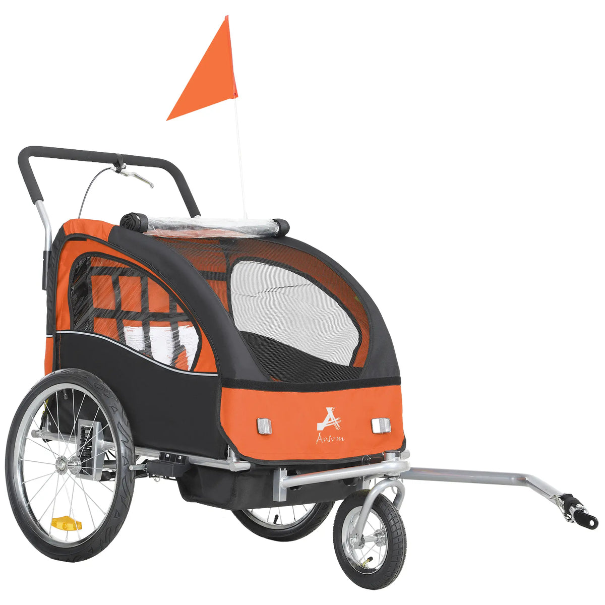 Remorque vélo 2 en 1 pour enfants, poussette pliable 2 places avec harnais 5 points, roues en caoutchouc, sac de rangement, orange