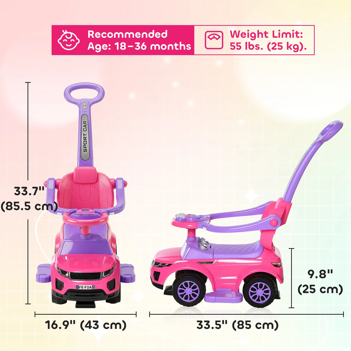 Voiture à pousser 3 en 1 pour enfants, avec klaxon et rangement sous le siège, pour les 18-36 mois, rose.