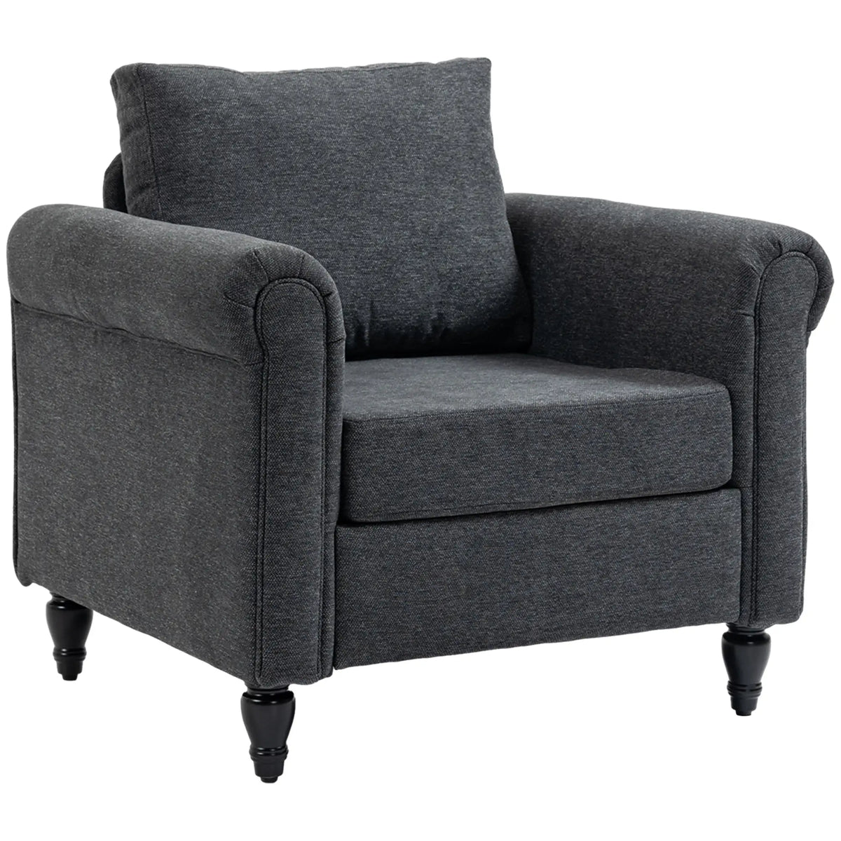 Fauteuil vintage, fauteuil d'appoint rembourré avec accoudoirs arrondis, pieds en bois d'hévéa en forme de gourde, gris foncé