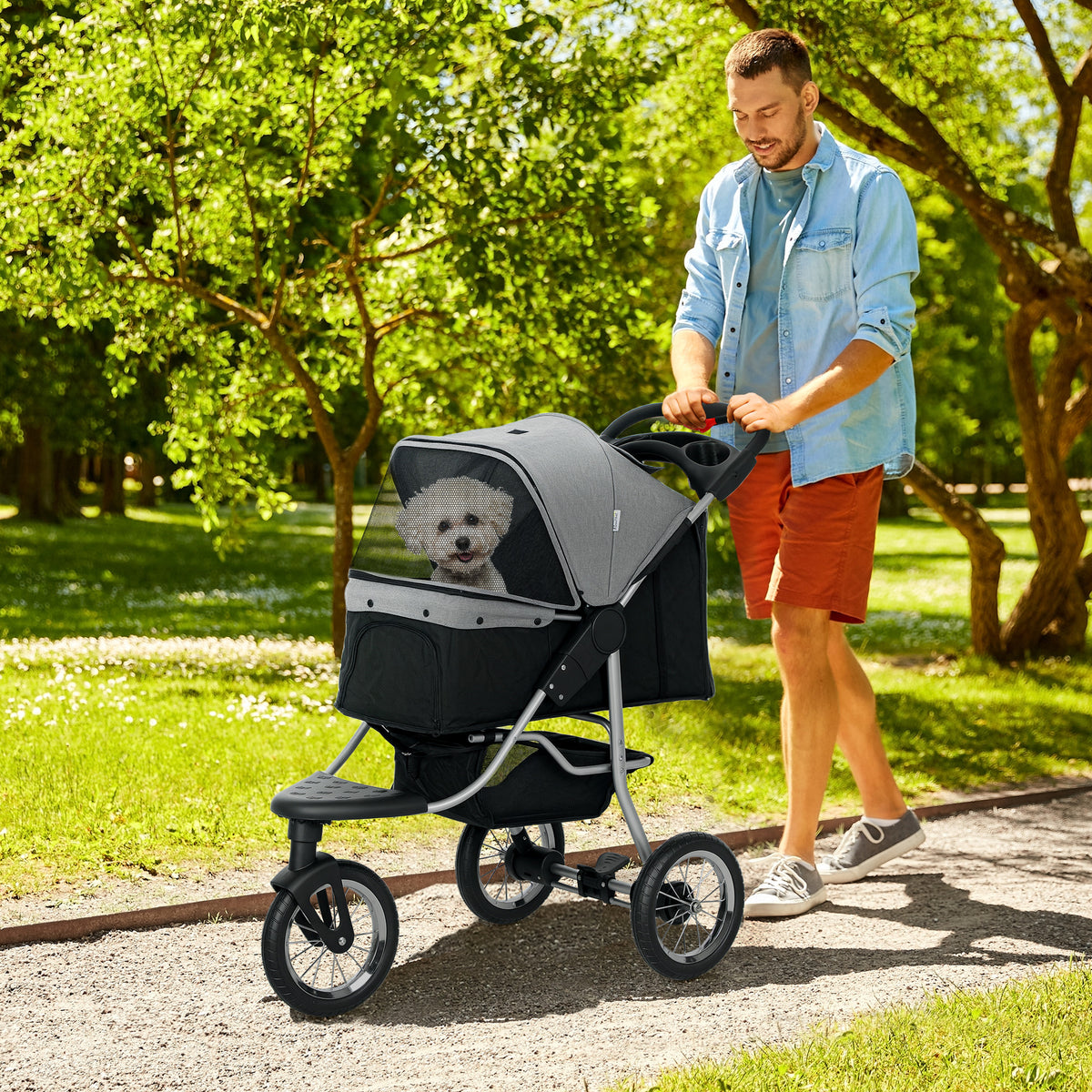 Poussette pour petit chien, poussette pliable à 3 roues avec capote réglable et porte en filet zippée, grise