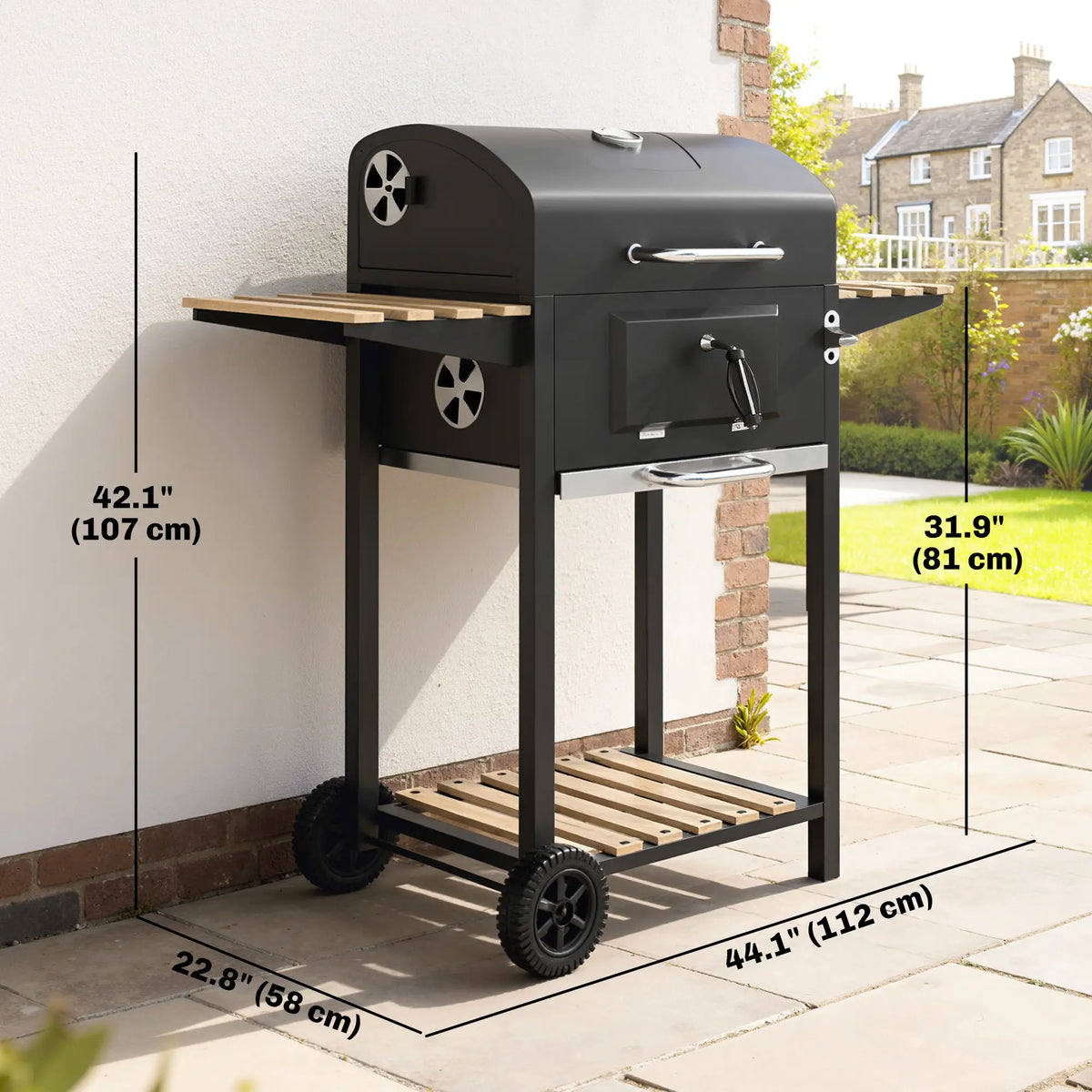 Barbecue à charbon 20" sur roulettes avec bac à charbon réglable, grande surface de cuisson, 3 étagères et thermomètre.