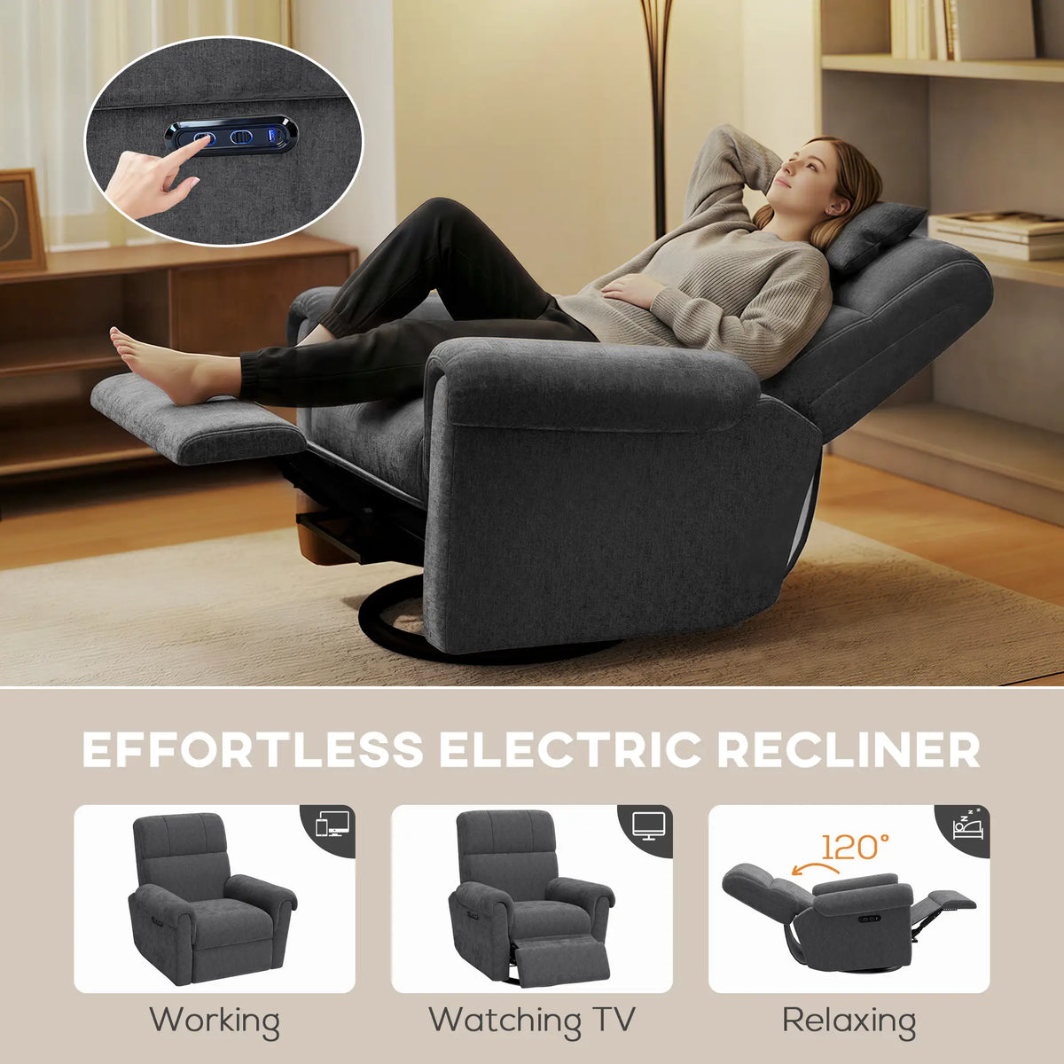 Fauteuil inclinable électrique, revêtement en tissu, ports USB, fonction pivotante et à bascule, repose-pieds, gris foncé