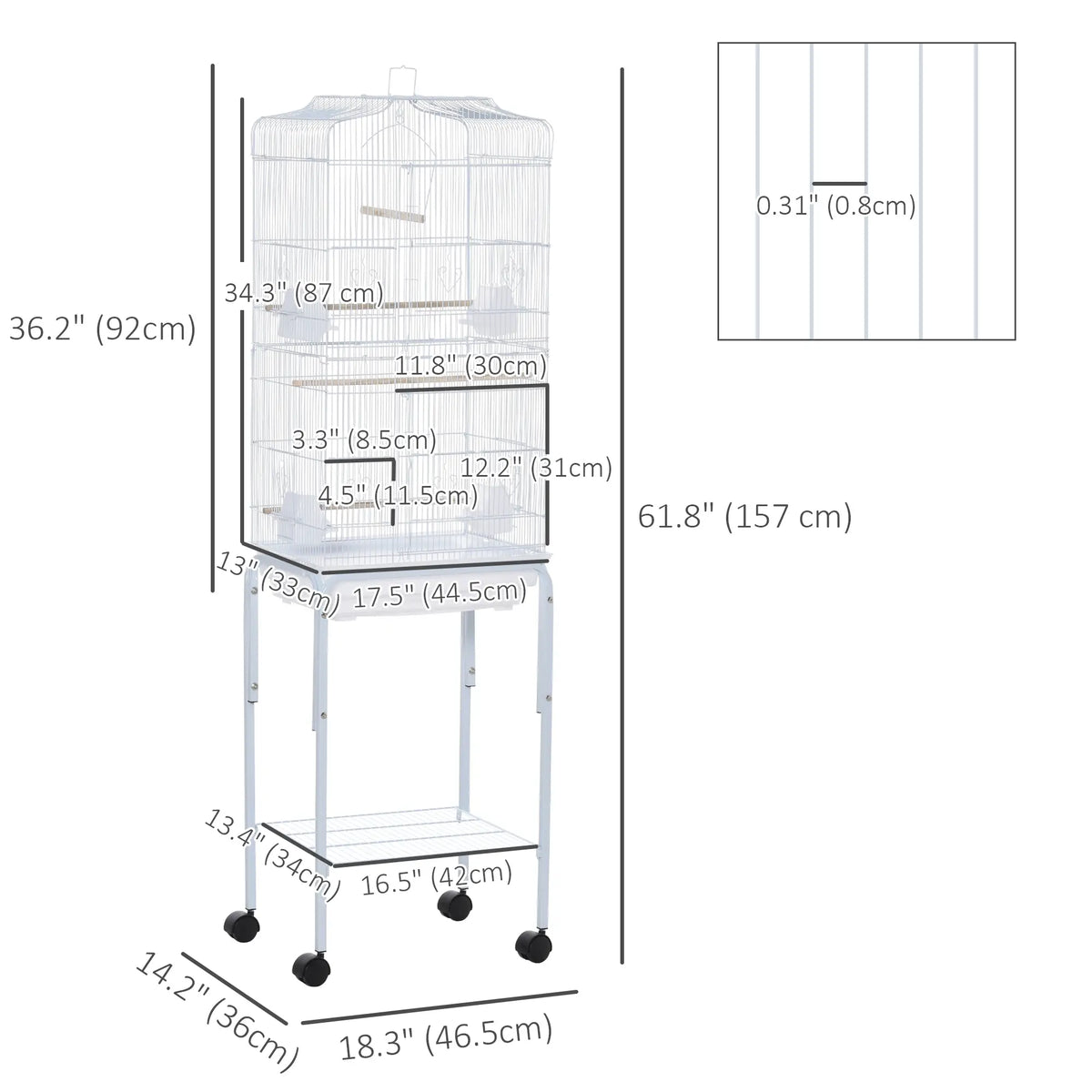 Cage à oiseaux roulante 62" avec étagère de rangement et roulettes - Blanche
